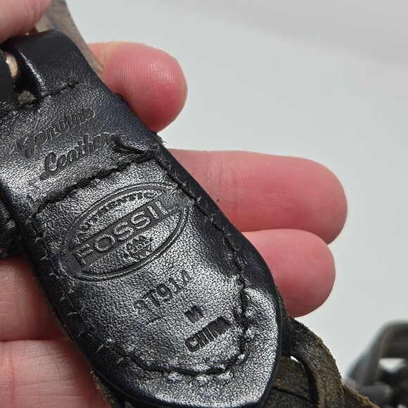 Fossil Braided Woven Black Leather Belt With Silver Accents & Western Buckle Des - Picture 2 of 6